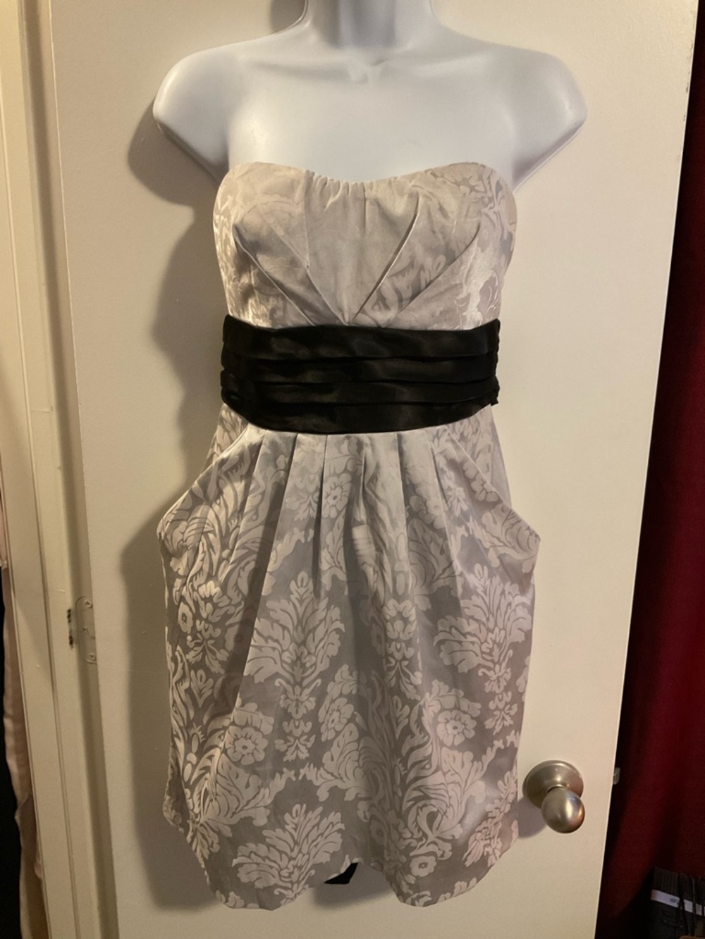 Speechless Strapless Damask Dress in Light Gray with Black Sash